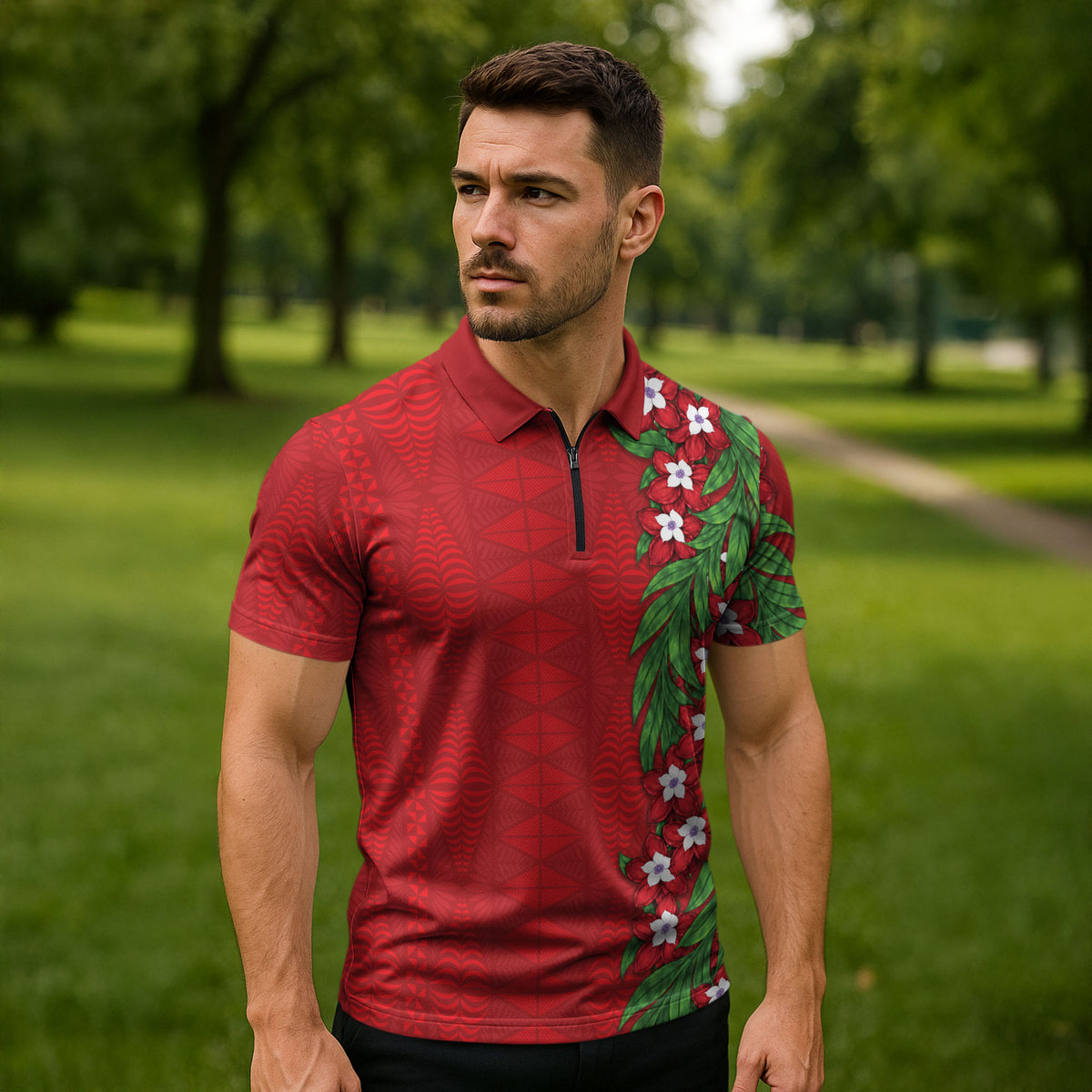 Tonga Language Week Zipper Polo Shirt Heilala Floral Red