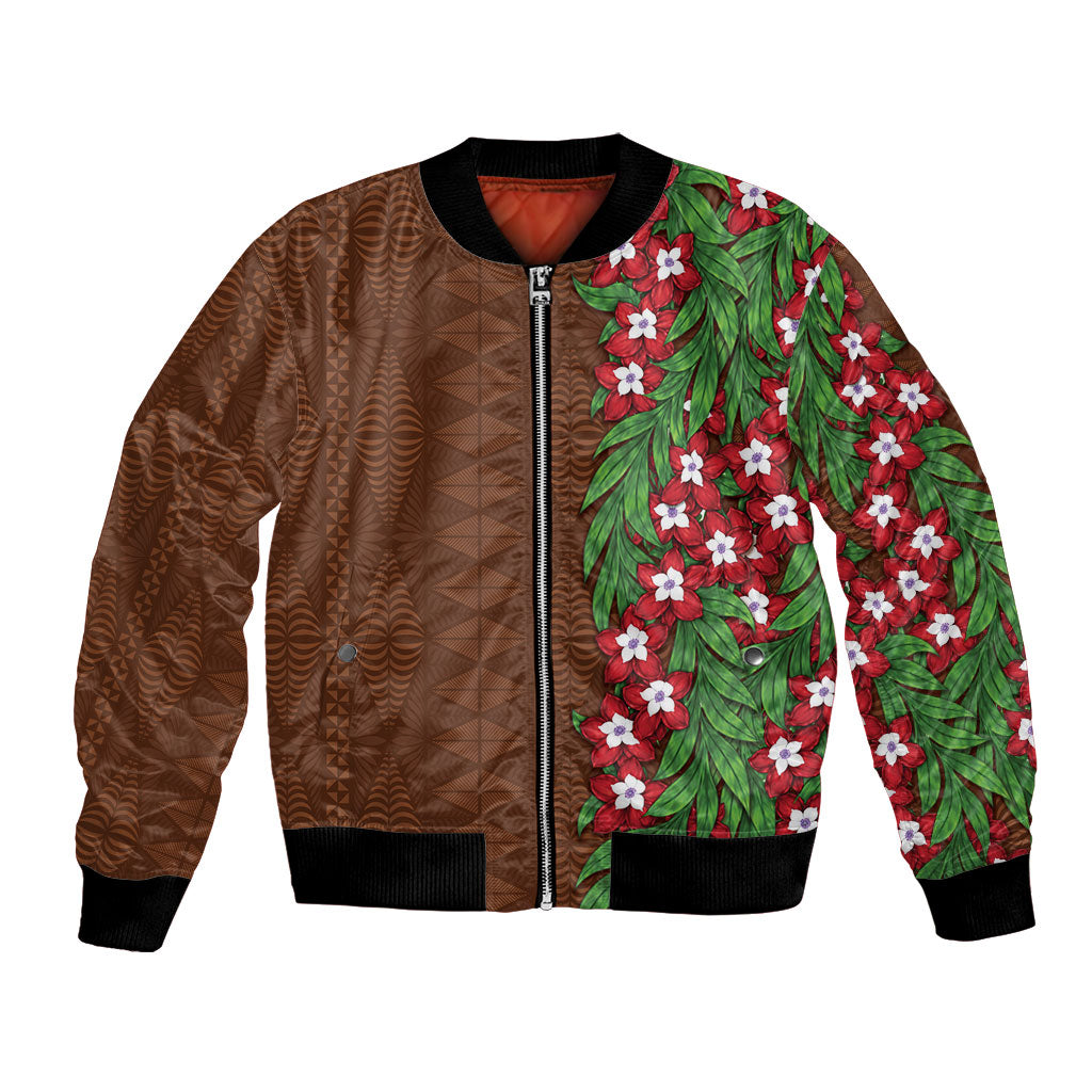 Tonga Language Week Bomber Jacket Heilala Floral Brown LT05 Unisex Brown - Polynesian Pride