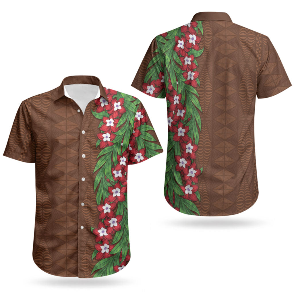 Tonga Language Week Couples Matching Long Sleeve Bodycon Dress and Hawaiian Shirt Heilala Floral Brown