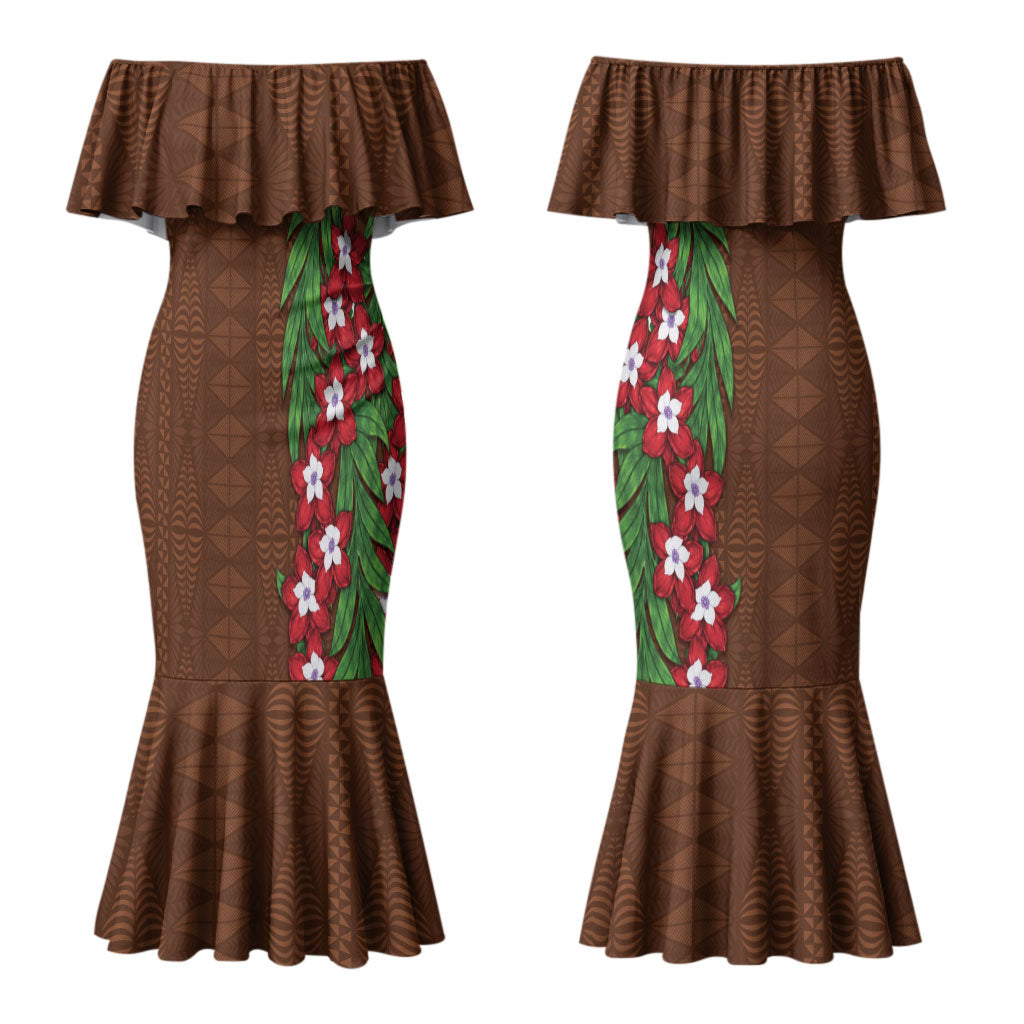 Tonga Language Week Couples Matching Mermaid Dress and Hawaiian Shirt Heilala Floral Brown