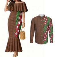 Tonga Language Week Couples Matching Mermaid Dress and Long Sleeve Button Shirt Heilala Floral Brown