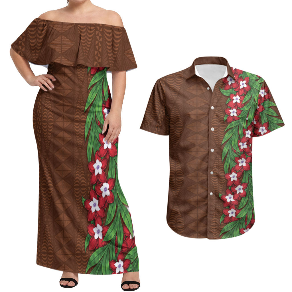 Tonga Language Week Couples Matching Off Shoulder Maxi Dress and Hawaiian Shirt Heilala Floral Brown