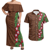 Tonga Language Week Couples Matching Off Shoulder Maxi Dress and Hawaiian Shirt Heilala Floral Brown