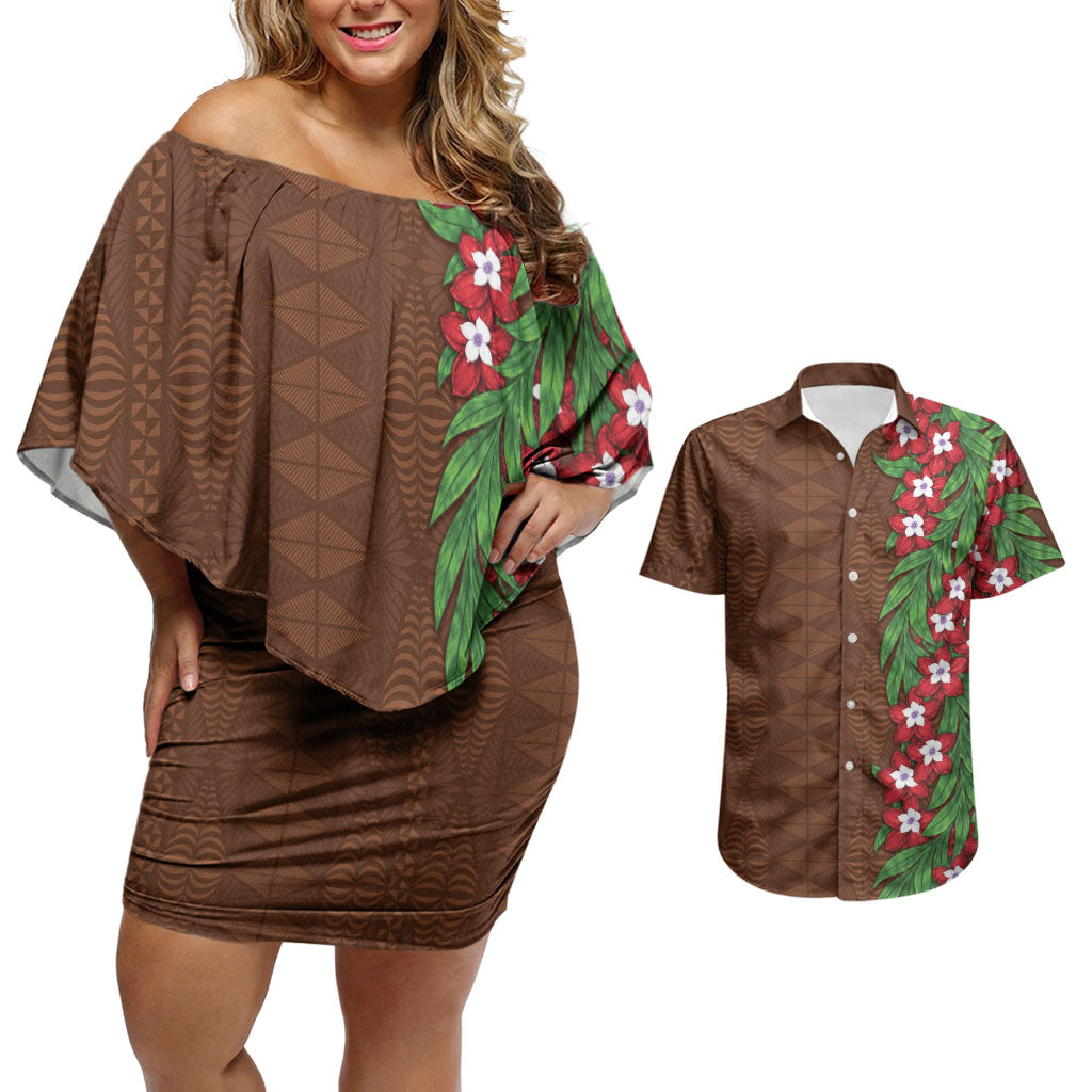 Tonga Language Week Couples Matching Off Shoulder Short Dress and Hawaiian Shirt Heilala Floral Brown