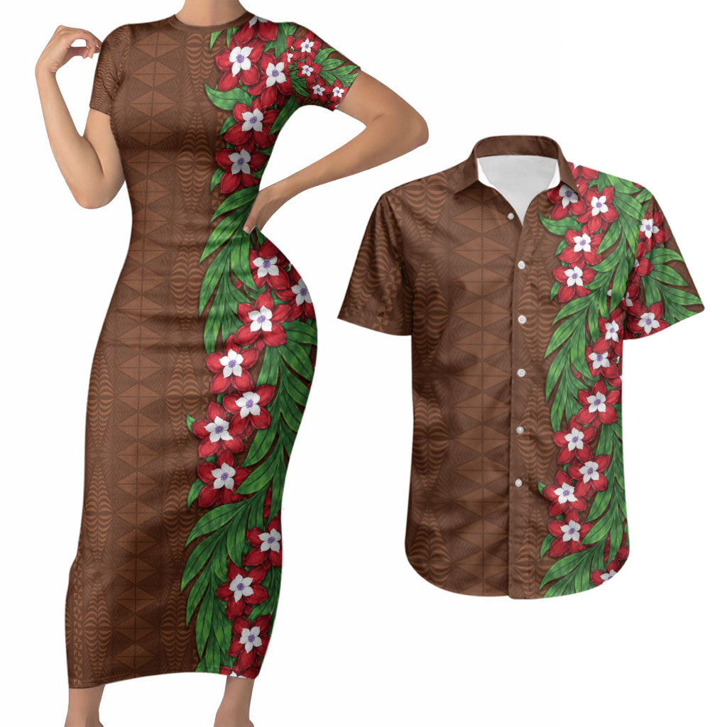 Tonga Language Week Couples Matching Short Sleeve Bodycon Dress and Hawaiian Shirt Heilala Floral Brown LT05 Brown - Polynesian Pride