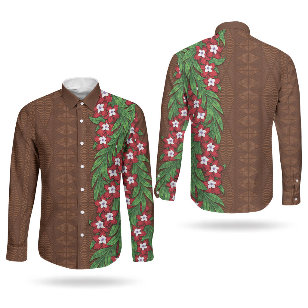 Tonga Language Week Couples Matching Tank Maxi Dress and Long Sleeve Button Shirt Heilala Floral Brown