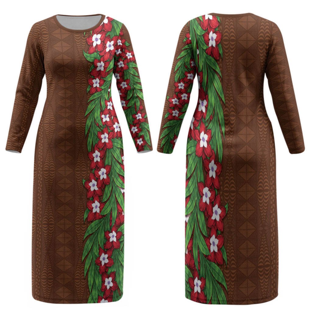 Tonga Language Week Family Matching Long Sleeve Bodycon Dress and Hawaiian Shirt Heilala Floral Brown