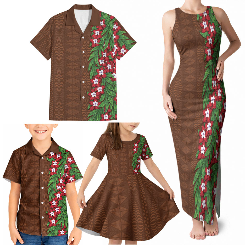 Tonga Language Week Family Matching Tank Maxi Dress and Hawaiian Shirt Heilala Floral Brown
