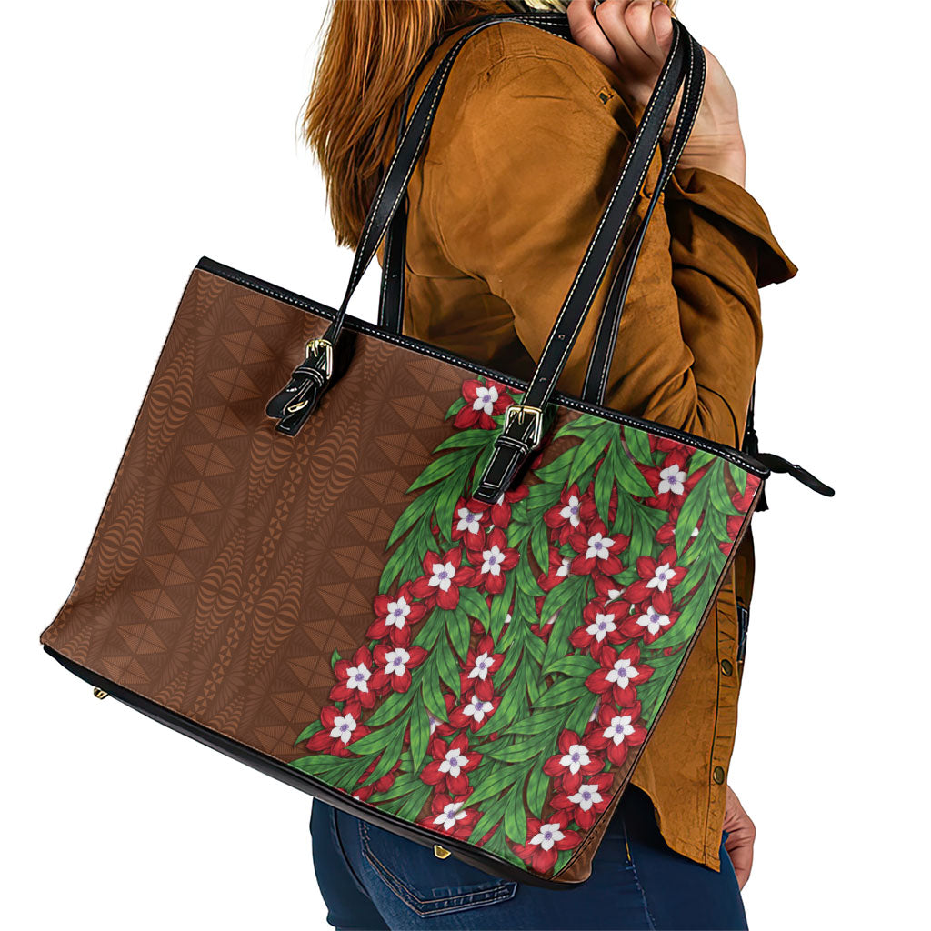 Tonga Language Week Leather Tote Bag Heilala Floral Brown