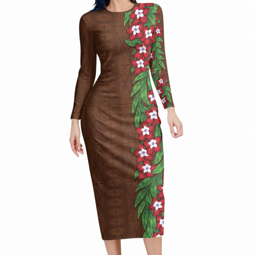Tonga Language Week Long Sleeve Bodycon Dress Heilala Floral Brown LT05 Long Dress Brown - Polynesian Pride