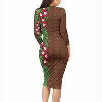 Tonga Language Week Long Sleeve Bodycon Dress Heilala Floral Brown
