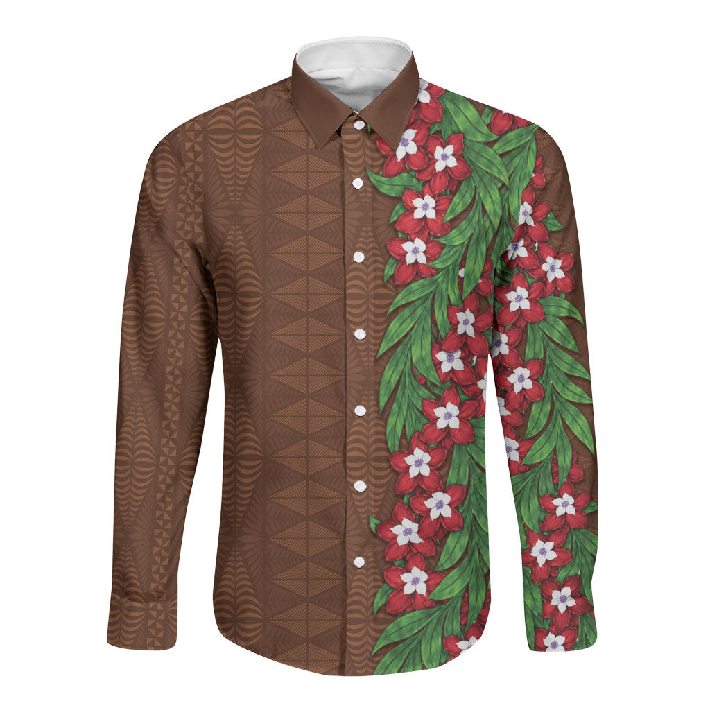 Tonga Language Week Long Sleeve Button Shirt Heilala Floral Brown LT05 Unisex Brown - Polynesian Pride
