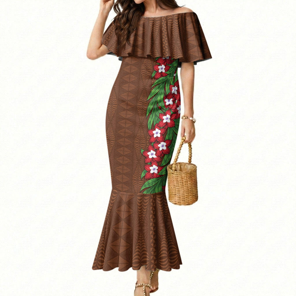 Tonga Language Week Mermaid Dress Heilala Floral Brown
