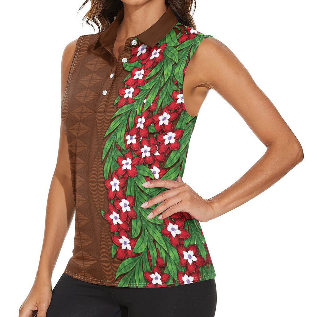 Tonga Language Week Women Sleeveless Polo Shirt Heilala Floral Brown