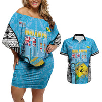 Personalised Malampa Fiji Day 2026 Couples Matching Off Shoulder Short Dress and Hawaiian Shirt Unique Style LT05 Blue - Polynesian Pride