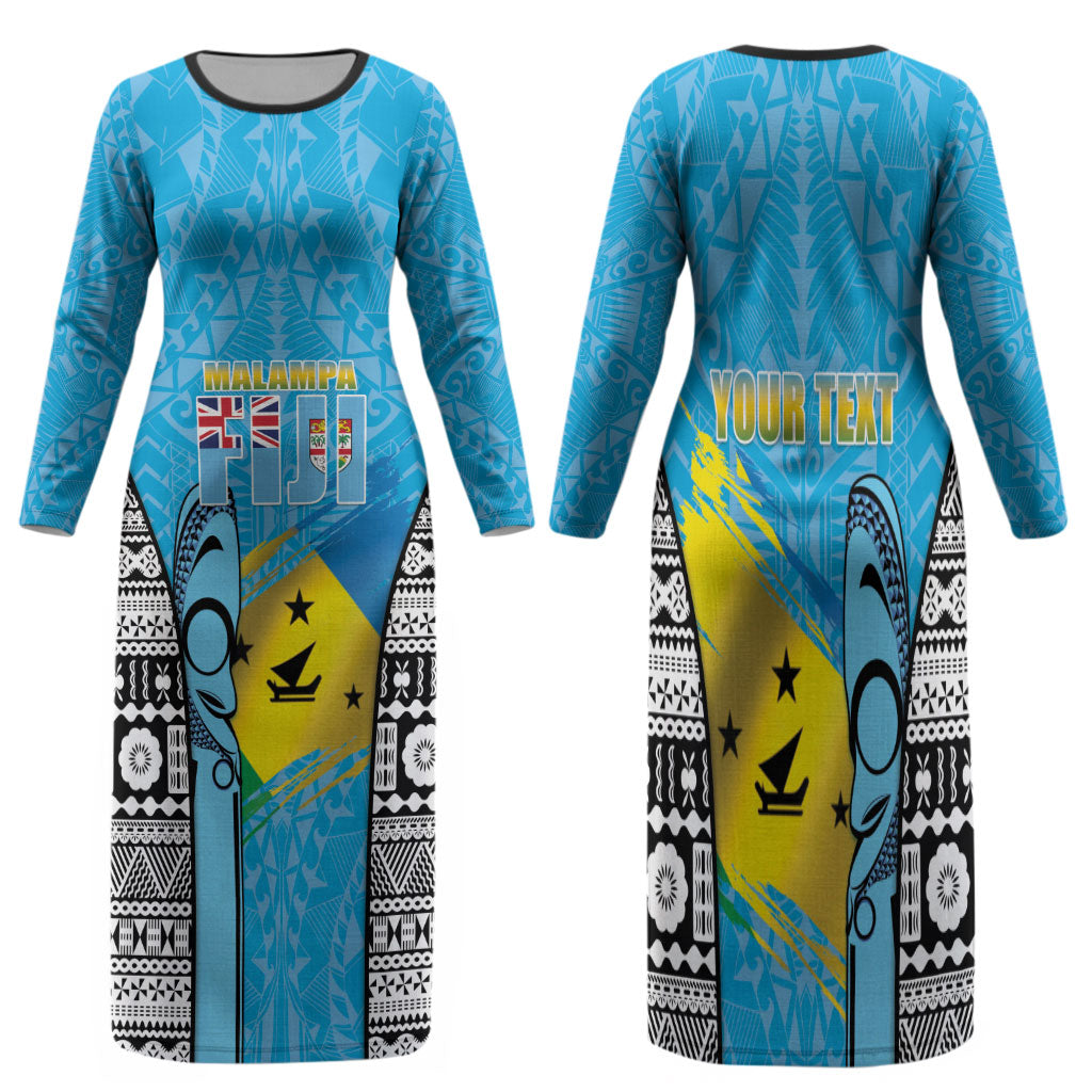 Personalised Malampa Fiji Day 2026 Family Matching Long Sleeve Bodycon Dress and Hawaiian Shirt Unique Style LT05 Mom's Dress Blue - Polynesian Pride