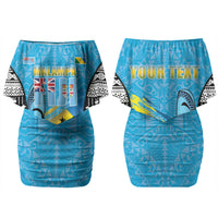Personalised Malampa Fiji Day 2026 Family Matching Off Shoulder Short Dress and Hawaiian Shirt Unique Style LT05 Mom's Dress Blue - Polynesian Pride