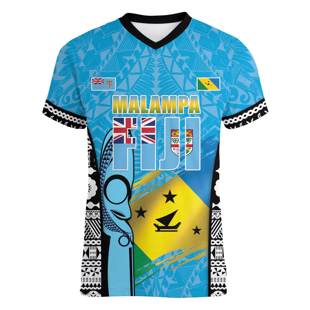 Personalised Malampa Fiji Day 2026 Women V-Neck T-Shirt Unique Style LT05 Female Blue - Polynesian Pride