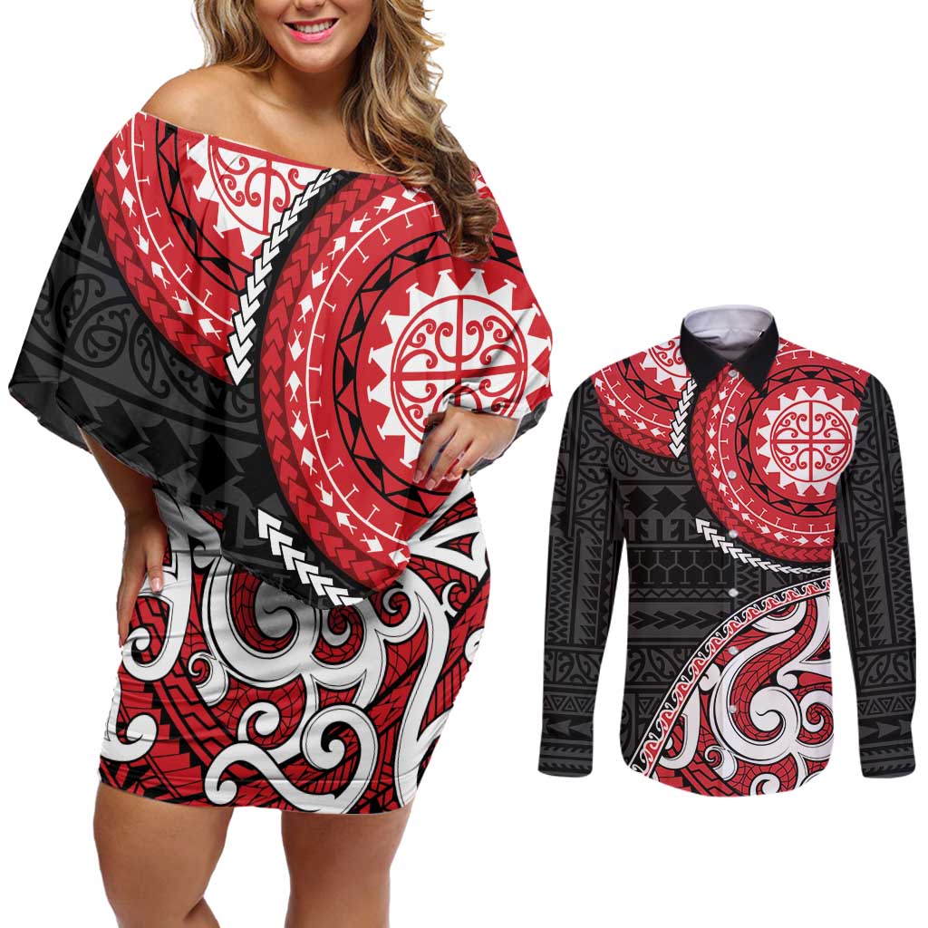 New Zealand Red Maori Koru Simple Style Couples Matching Off Shoulder Short Dress and Long Sleeve Button Shirt LT05 Red - Polynesian Pride