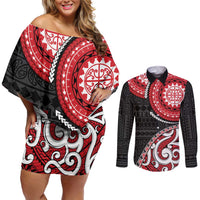 New Zealand Red Maori Koru Simple Style Couples Matching Off Shoulder Short Dress and Long Sleeve Button Shirt LT05 Red - Polynesian Pride