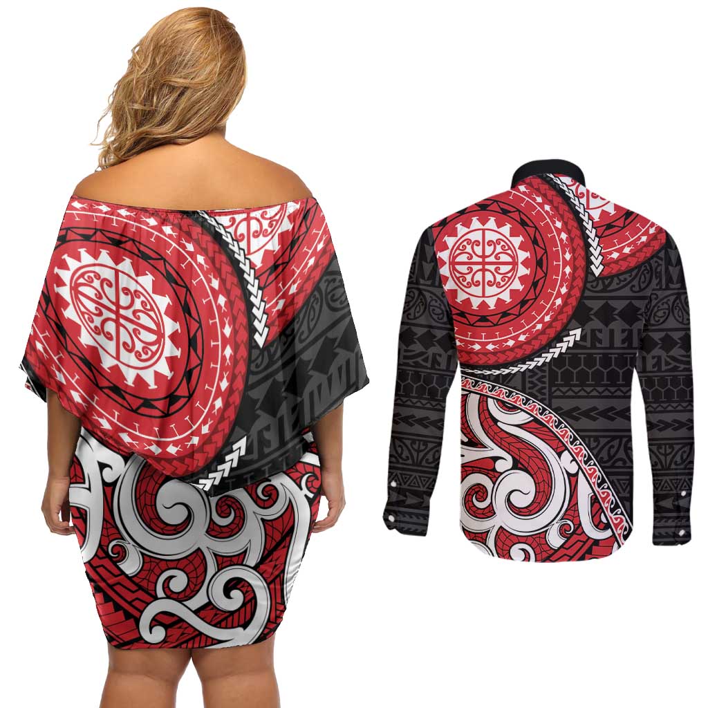 New Zealand Red Maori Koru Simple Style Couples Matching Off Shoulder Short Dress and Long Sleeve Button Shirt LT05 - Polynesian Pride