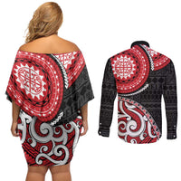 New Zealand Red Maori Koru Simple Style Couples Matching Off Shoulder Short Dress and Long Sleeve Button Shirt LT05 - Polynesian Pride
