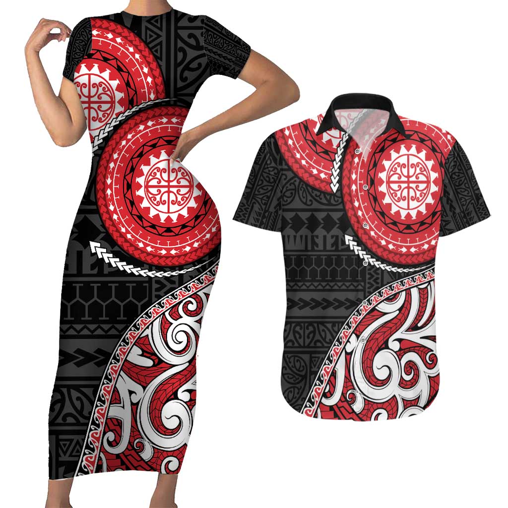 New Zealand Red Maori Koru Simple Style Couples Matching Short Sleeve Bodycon Dress and Hawaiian Shirt