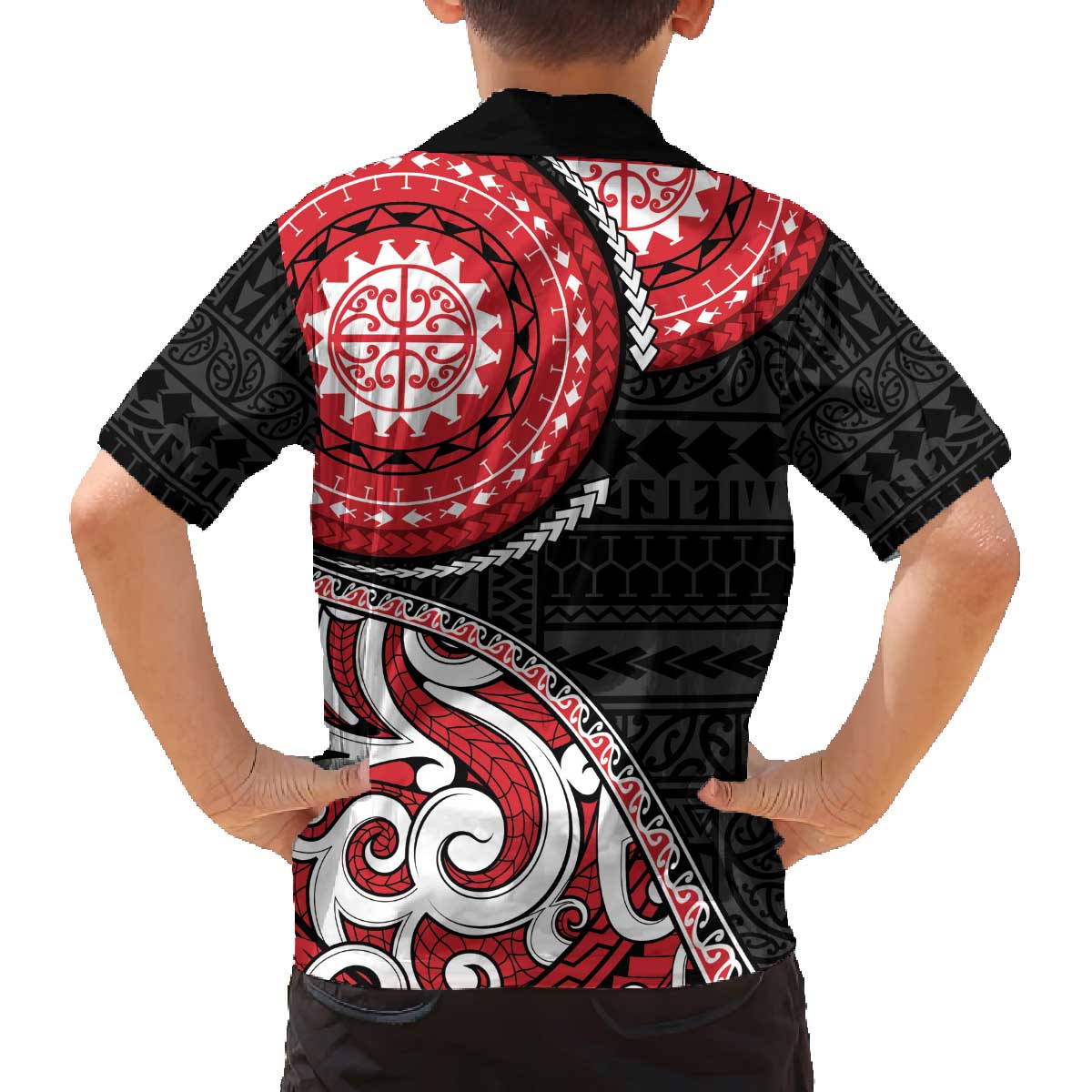 New Zealand Red Maori Koru Simple Style Family Matching Off Shoulder Short Dress and Hawaiian Shirt
