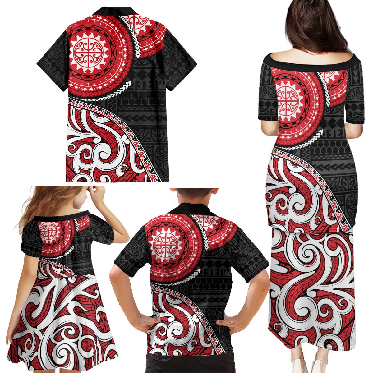 New Zealand Red Maori Koru Simple Style Family Matching Puletasi and Hawaiian Shirt LT05 - Polynesian Pride