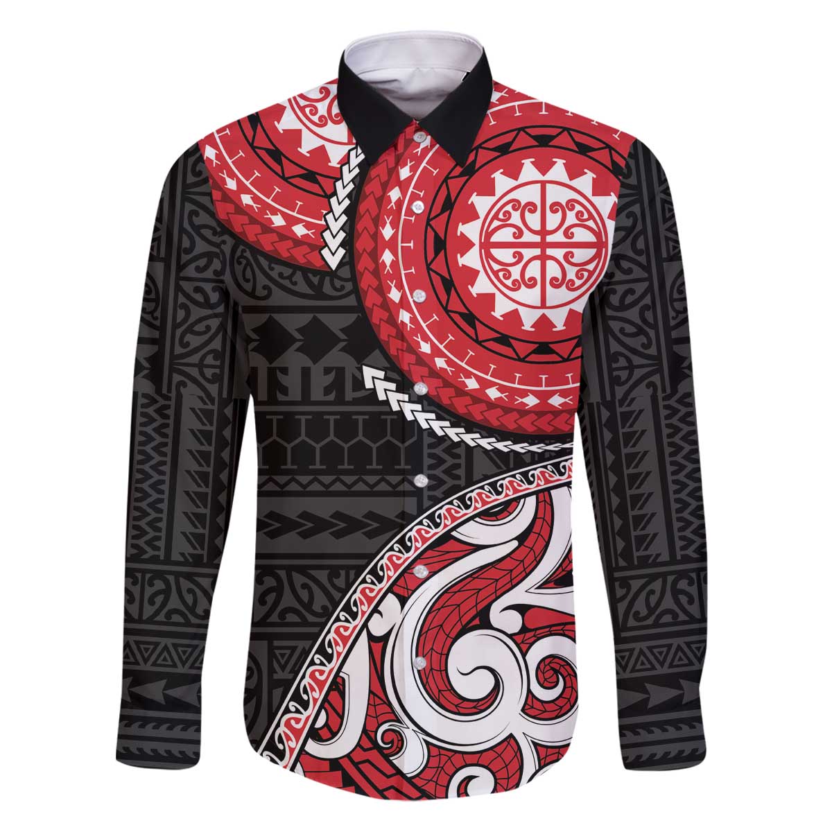 New Zealand Red Maori Koru Simple Style Family Matching Puletasi and Hawaiian Shirt LT05 Dad's Shirt - Long Sleeve Red - Polynesian Pride