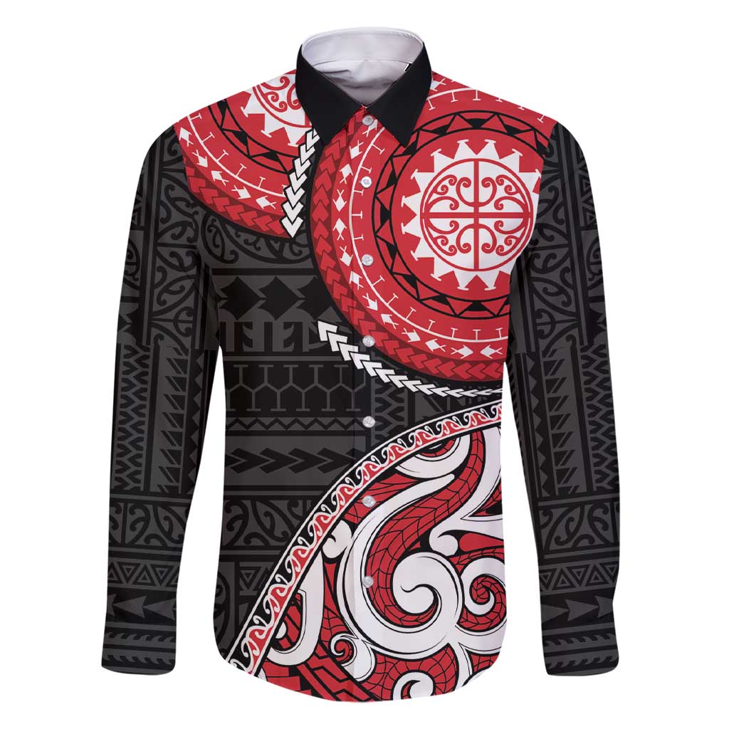 New Zealand Red Maori Koru Simple Style Family Matching Short Sleeve Bodycon Dress and Hawaiian Shirt LT05 Dad's Shirt - Long Sleeve Red - Polynesian Pride