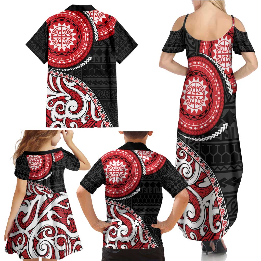 New Zealand Red Maori Koru Simple Style Family Matching Summer Maxi Dress and Hawaiian Shirt