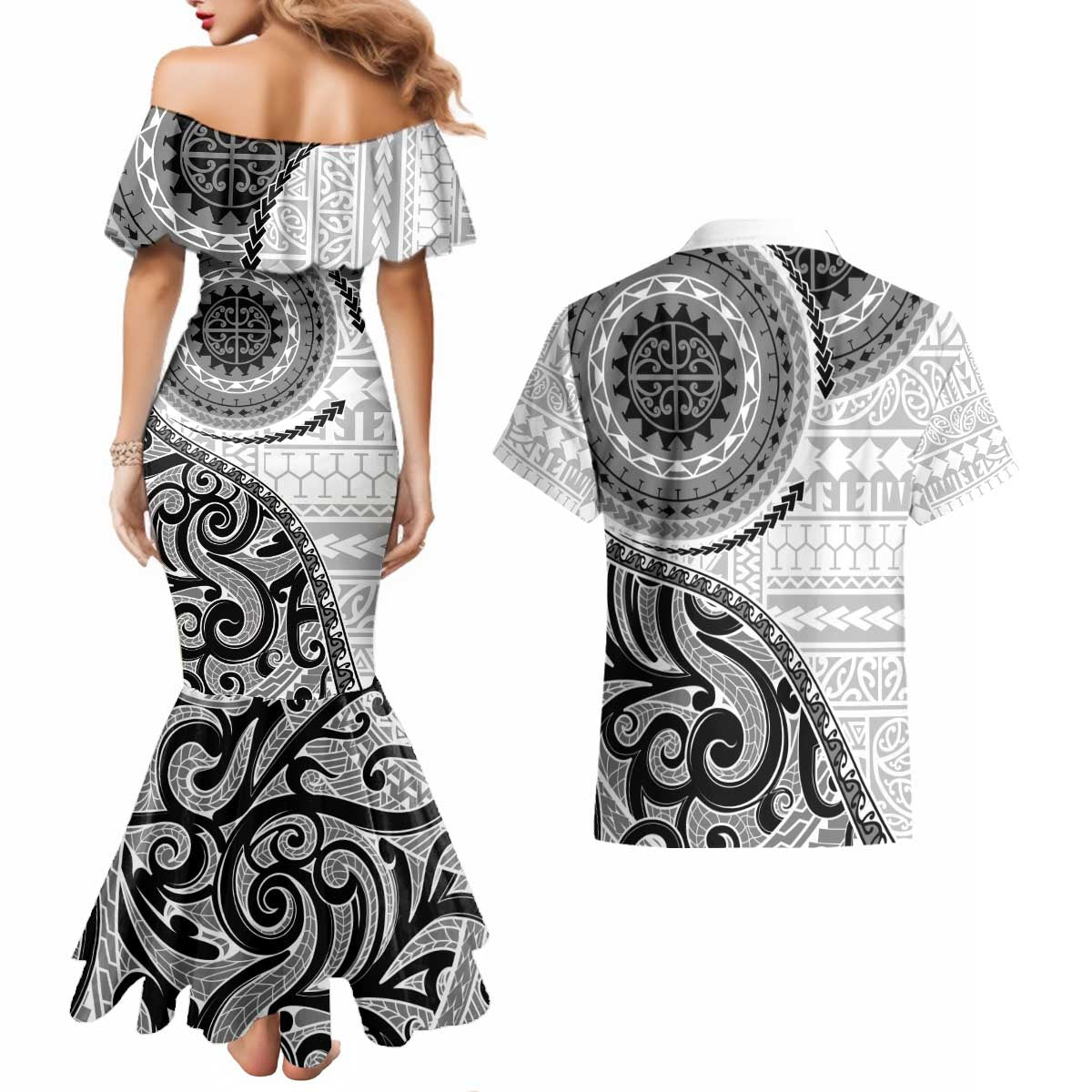 New Zealand White Maori Koru Simple Style Couples Matching Mermaid Dress and Hawaiian Shirt LT05 - Polynesian Pride