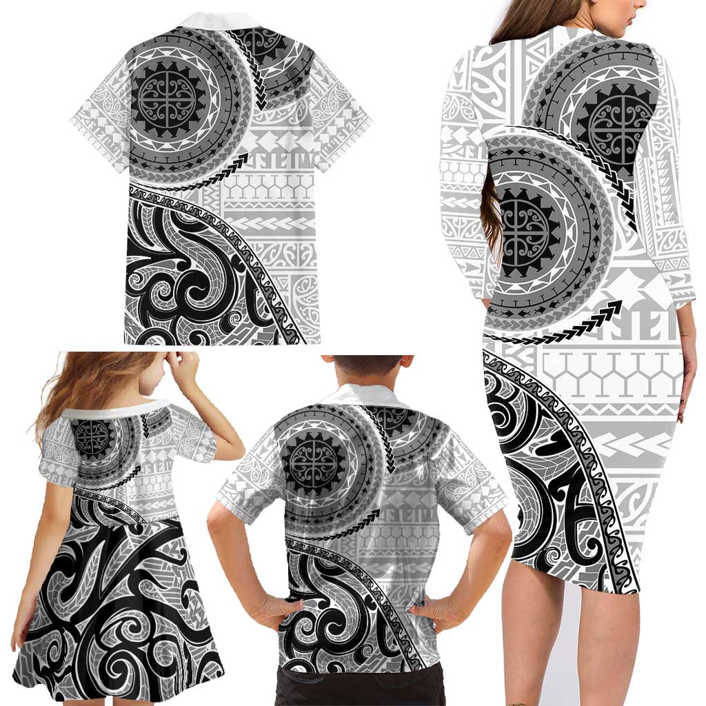 New Zealand White Maori Koru Simple Style Family Matching Long Sleeve Bodycon Dress and Hawaiian Shirt LT05 - Polynesian Pride