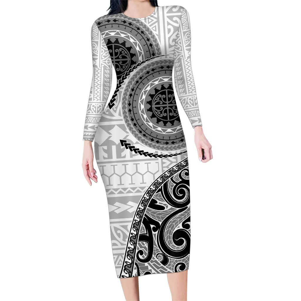 New Zealand White Maori Koru Simple Style Family Matching Long Sleeve Bodycon Dress and Hawaiian Shirt LT05 Mom's Dress White - Polynesian Pride