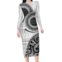 New Zealand White Maori Koru Simple Style Family Matching Long Sleeve Bodycon Dress and Hawaiian Shirt LT05 Mom's Dress White - Polynesian Pride