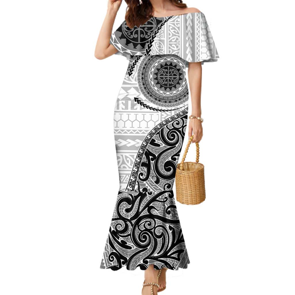 New Zealand White Maori Koru Simple Style Family Matching Mermaid Dress and Hawaiian Shirt LT05 Mom's Dress White - Polynesian Pride