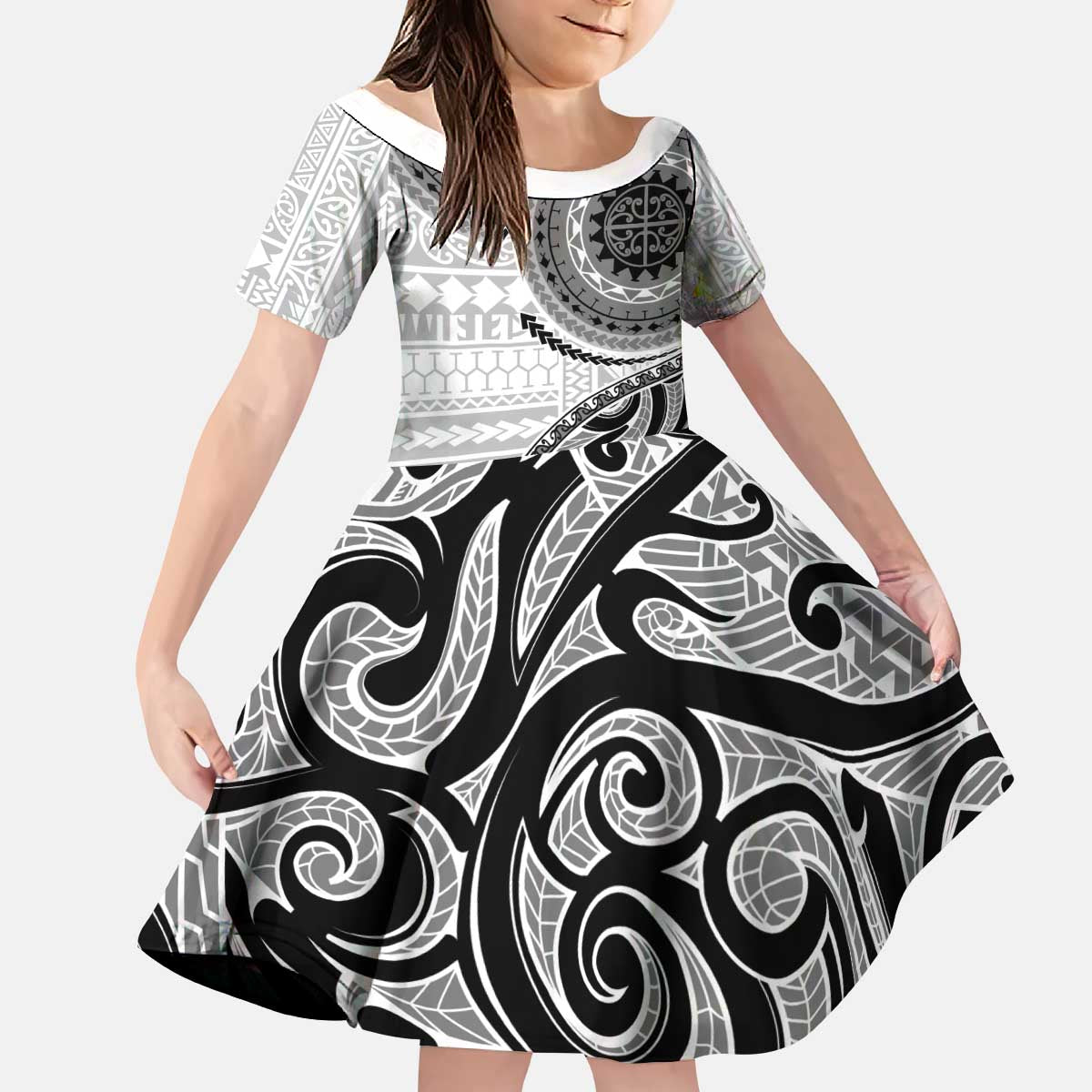 New Zealand White Maori Koru Simple Style Family Matching Puletasi and Hawaiian Shirt LT05 Daughter's Dress White - Polynesian Pride