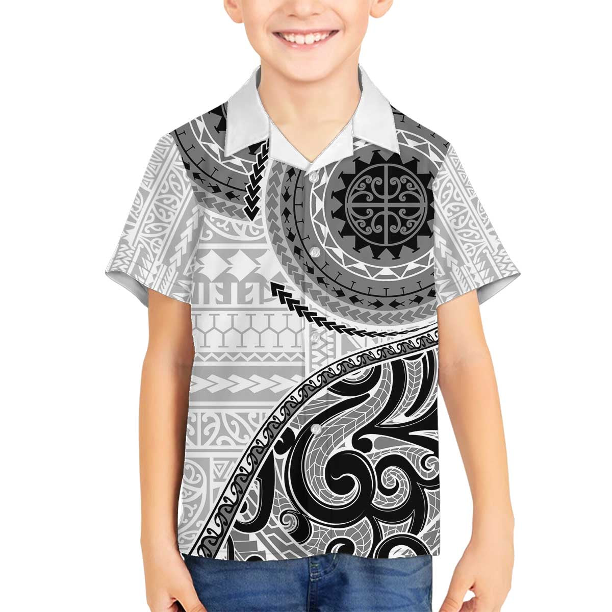 New Zealand White Maori Koru Simple Style Family Matching Puletasi and Hawaiian Shirt LT05 Son's Shirt White - Polynesian Pride