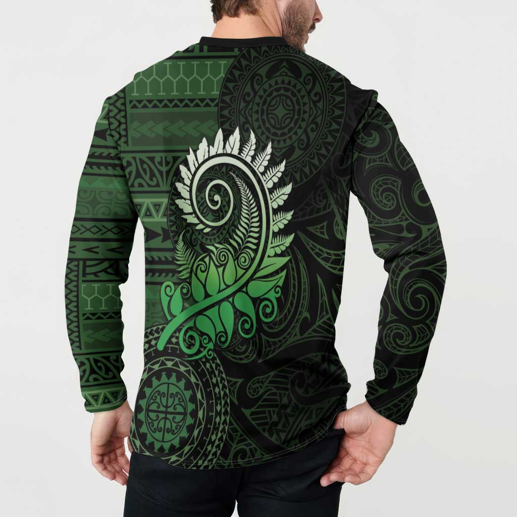 New Zealand Maori Koru Fern Button Sweatshirt Spiral Polynesian Style Green