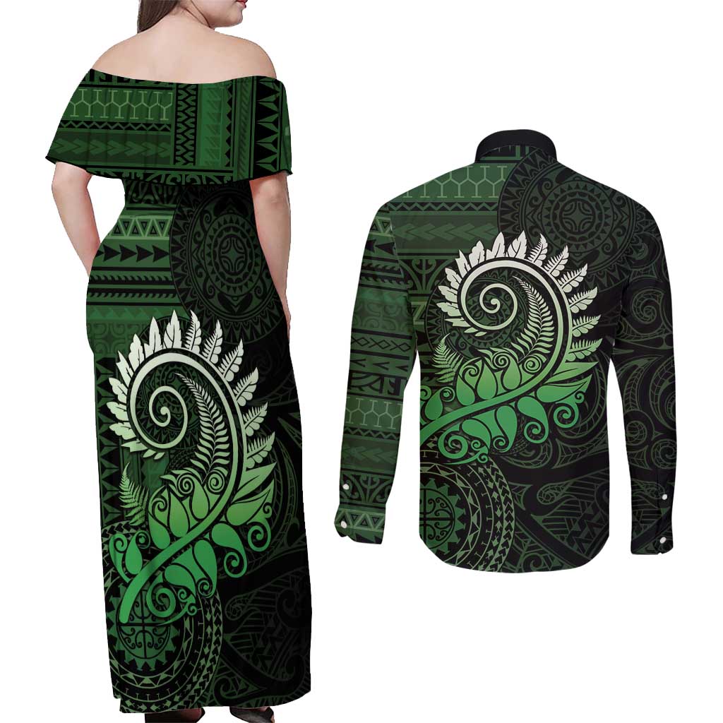 New Zealand Maori Koru Fern Couples Matching Off Shoulder Maxi Dress and Long Sleeve Button Shirt Spiral Polynesian Style Green LT05 - Polynesian Pride