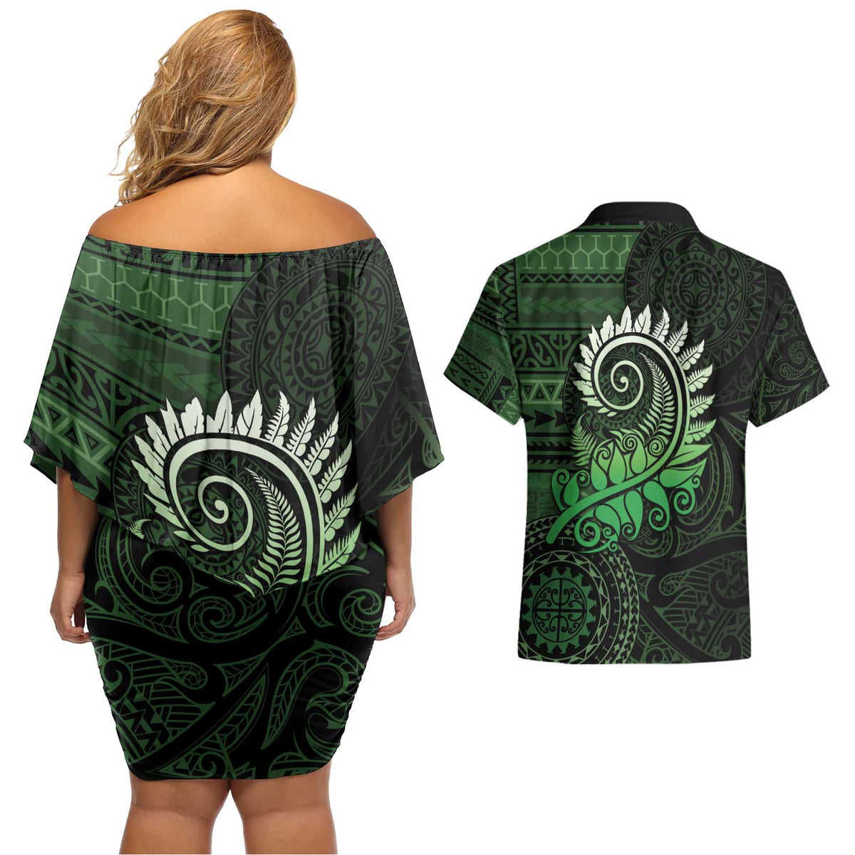 New Zealand Maori Koru Fern Couples Matching Off Shoulder Short Dress and Hawaiian Shirt Spiral Polynesian Style Green LT05 - Polynesian Pride