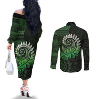 New Zealand Maori Koru Fern Couples Matching Off The Shoulder Long Sleeve Dress and Long Sleeve Button Shirt Spiral Polynesian Style Green LT05 - Polynesian Pride