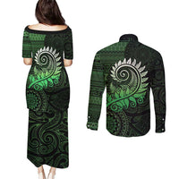 New Zealand Maori Koru Fern Couples Matching Puletasi and Long Sleeve Button Shirt Spiral Polynesian Style Green LT05 - Polynesian Pride