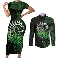 New Zealand Maori Koru Fern Couples Matching Short Sleeve Bodycon Dress and Long Sleeve Button Shirt Spiral Polynesian Style Green LT05 Green - Polynesian Pride