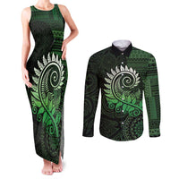New Zealand Maori Koru Fern Couples Matching Tank Maxi Dress and Long Sleeve Button Shirt Spiral Polynesian Style Green LT05 Green - Polynesian Pride