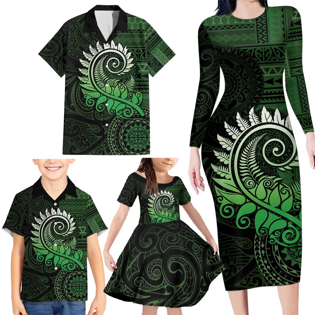 New Zealand Maori Koru Fern Family Matching Long Sleeve Bodycon Dress and Hawaiian Shirt Spiral Polynesian Style Green LT05 - Polynesian Pride