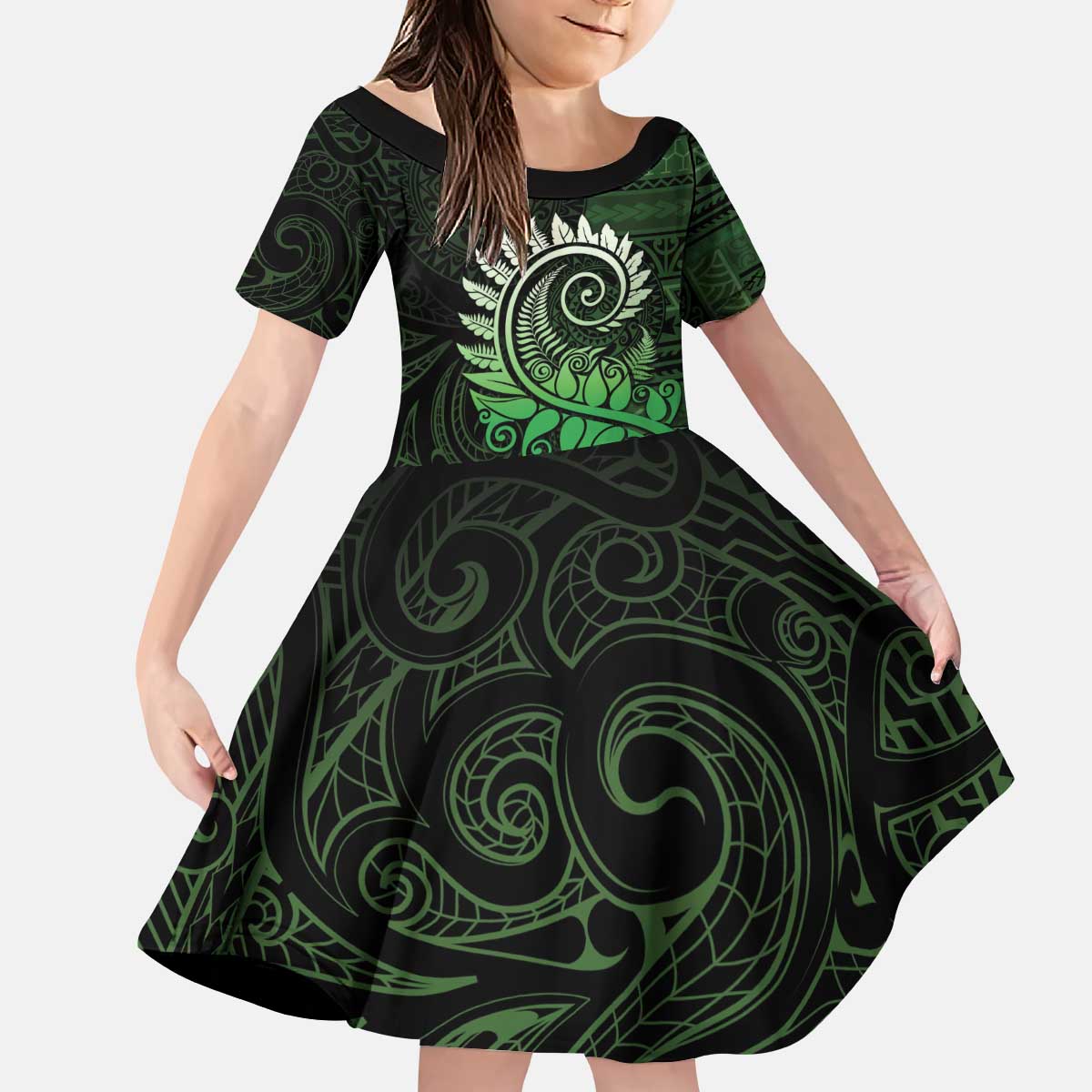 New Zealand Maori Koru Fern Family Matching Puletasi and Hawaiian Shirt Spiral Polynesian Style Green LT05 Daughter's Dress Green - Polynesian Pride