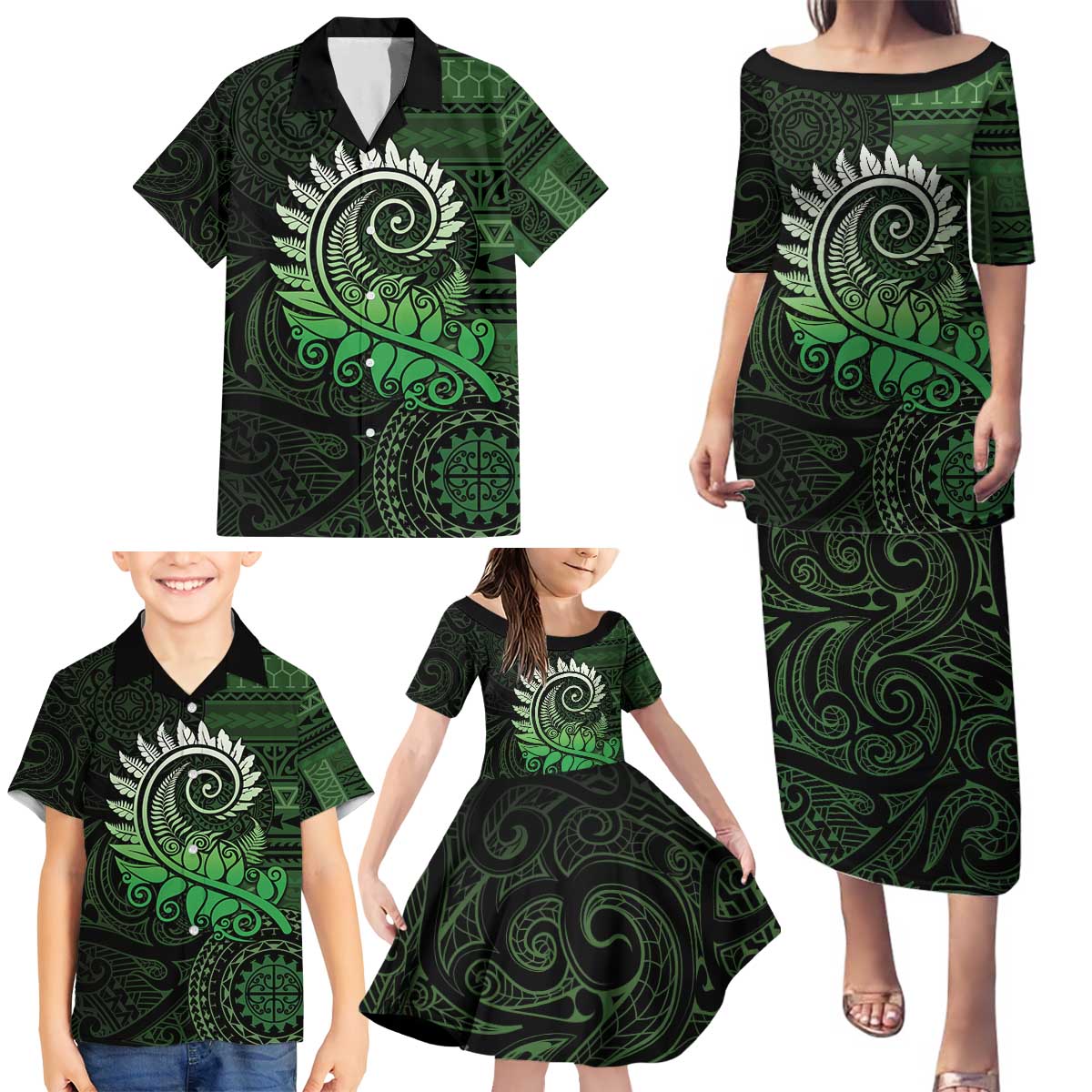 New Zealand Maori Koru Fern Family Matching Puletasi and Hawaiian Shirt Spiral Polynesian Style Green LT05 - Polynesian Pride