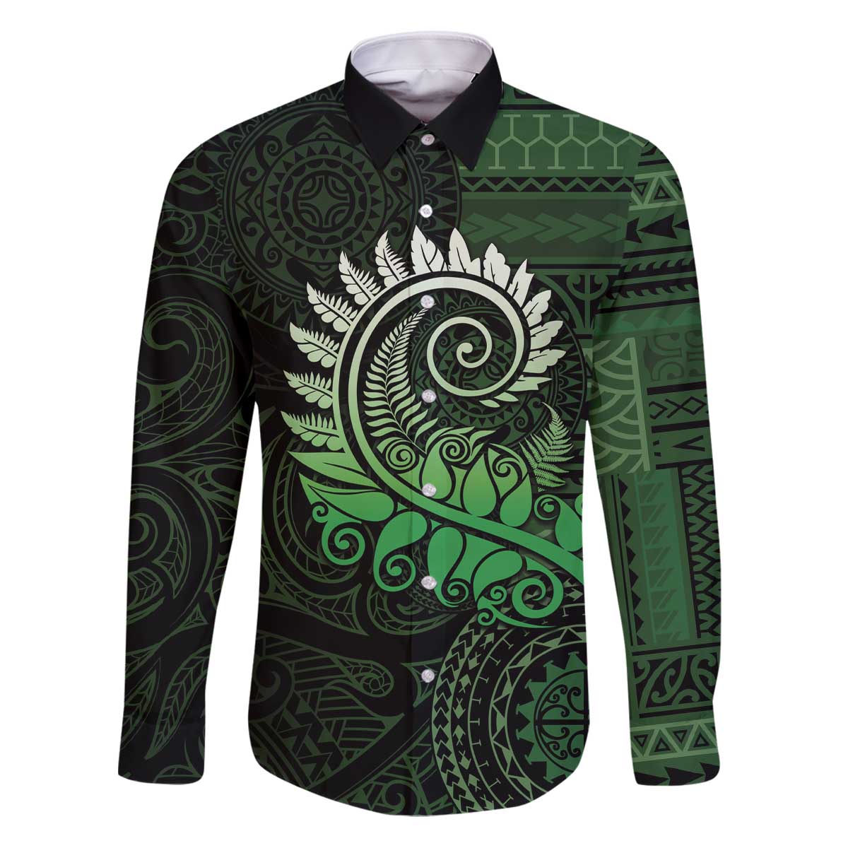 New Zealand Maori Koru Fern Family Matching Puletasi and Hawaiian Shirt Spiral Polynesian Style Green LT05 Dad's Shirt - Long Sleeve Green - Polynesian Pride
